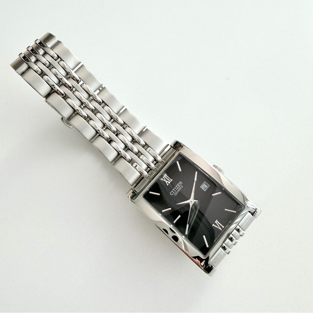 Citizen Silver Stainless Steel Men's Rectangular Watch with Black Dial